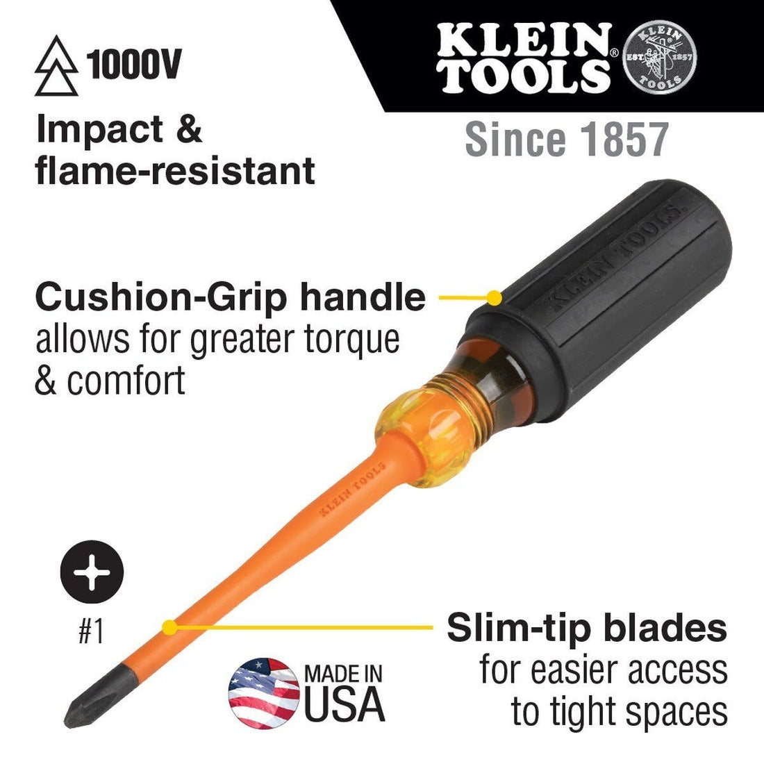 Klein 6956INS Slim-Tip 1000V Insulated #1 Phillips Screwdriver, 6-Inch Round Shank