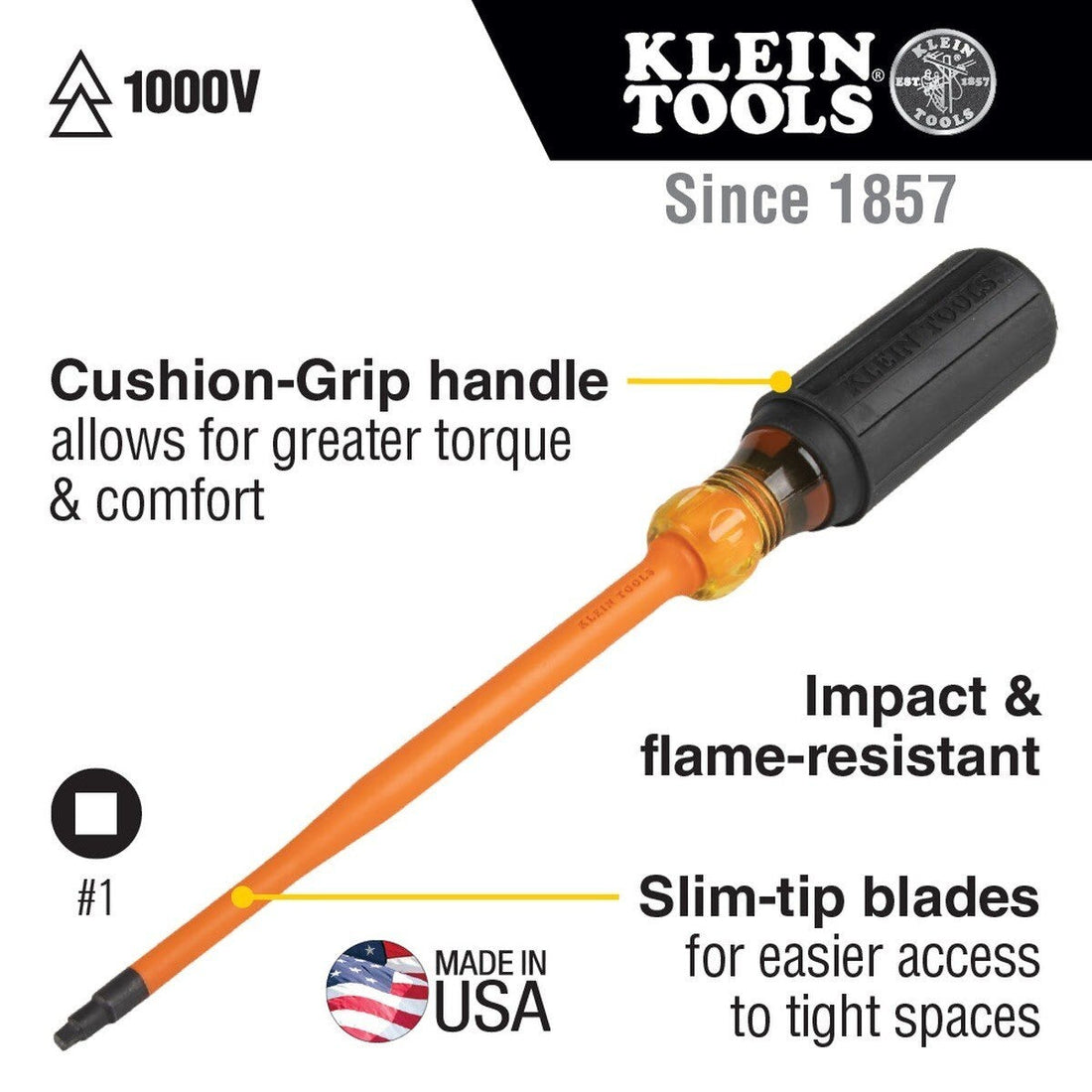 Klein 6986INS Slim-Tip 1000V Insulated Screwdriver, #1 Square, 6-Inch Round Shank