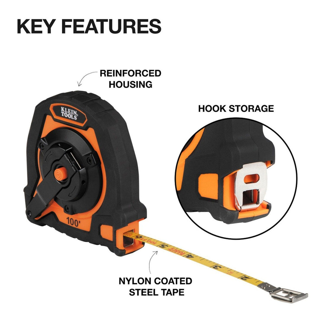 Klein Tools 94100CR Closed Reel Long Tape Measure with 3:1 Gear Ratio and Nylon Coated Steel Tape (100-Foot)