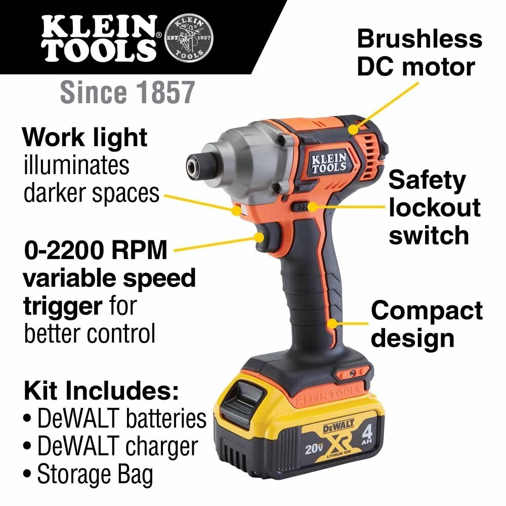 Klein BAT20CD1 Battery-Operated Compact Impact Driver, 1/4-Inch Hex Drive, Full Kit