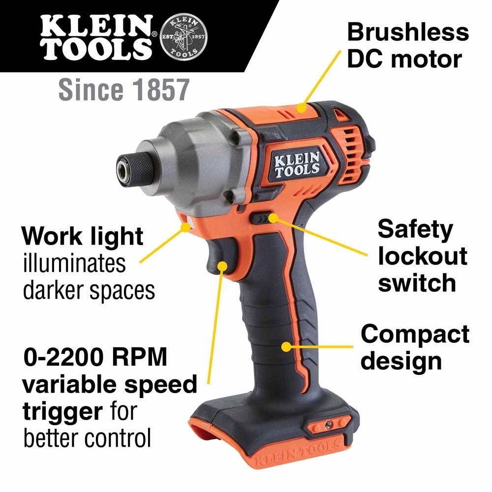 Klein BAT20CD Battery-Operated Compact Impact Driver, 1/4-Inch Hex Drive, Tool Only