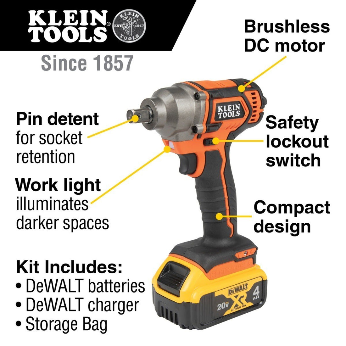 Klein BAT20CW1 Battery-Operated Compact Impact Wrench, 1/2-Inch Detent Pin, Full Kit (2 Batteries)