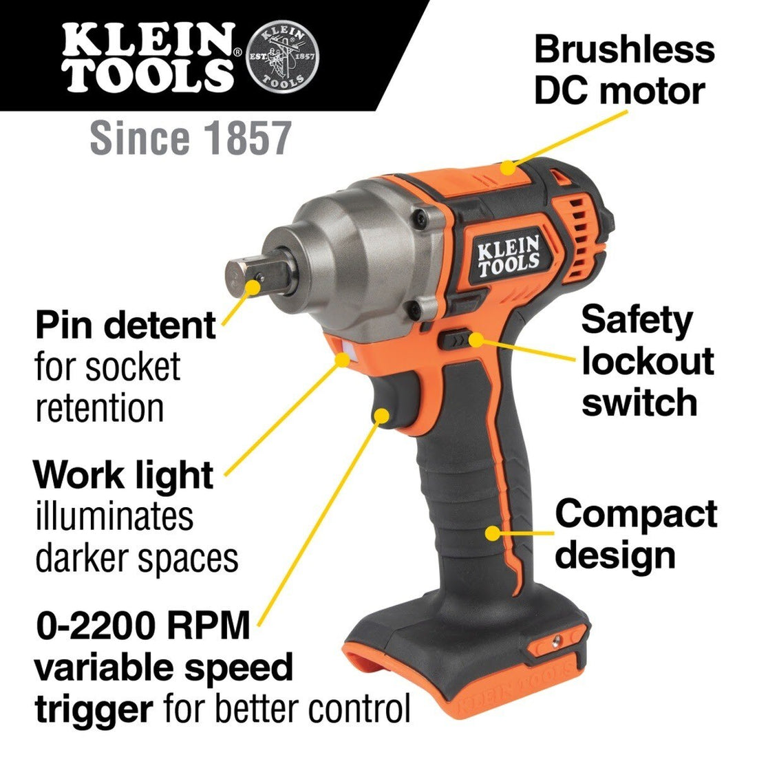 Klein BAT20CW Battery-Operated Compact Impact Wrench, 1/2-Inch Detent Pin, Tool Only