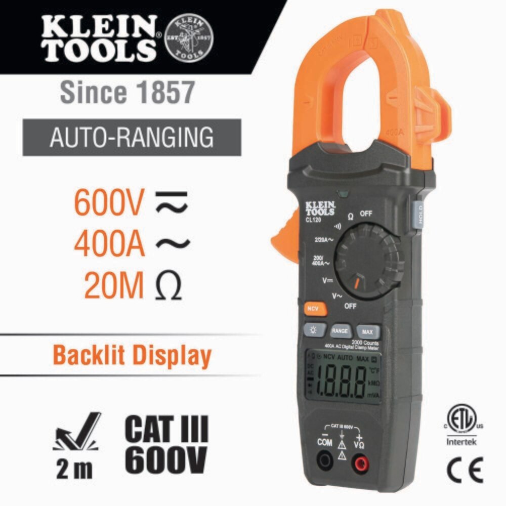 Klein CL120 Digital Clamp Meter, AC Auto-Ranging 400 Amp