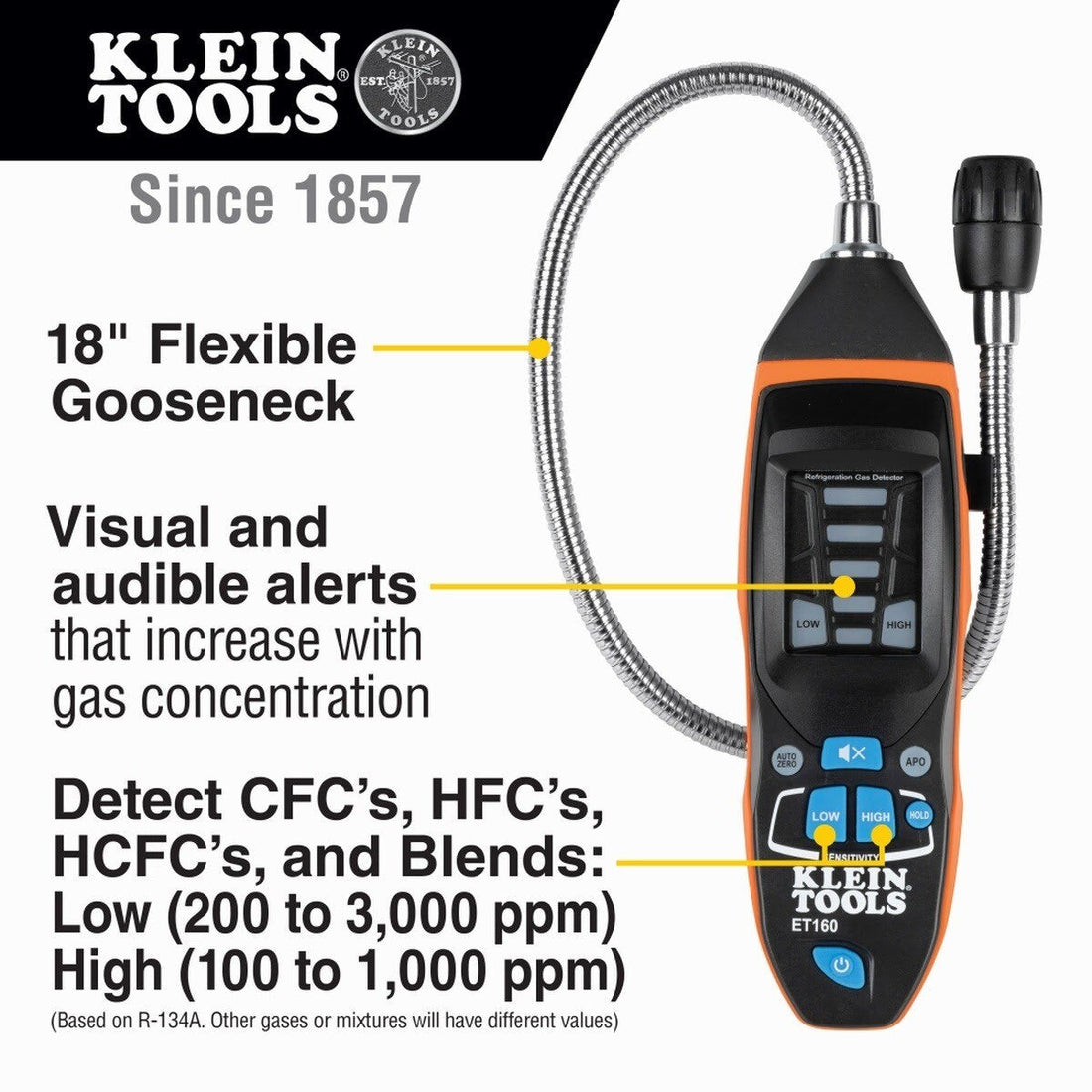 Klein ET160 Refrigerant Gas Leak Detector with 18 in. Gooseneck and Audible/Visual Alarms (Each)