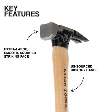 Klein H80920HS Smooth Face Hickory Handle Straight-Claw Hammer, 20-Ounce