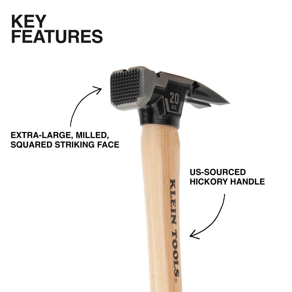 Klein H80920H Milled Face Hickory Handle Hammer, 20-Ounce