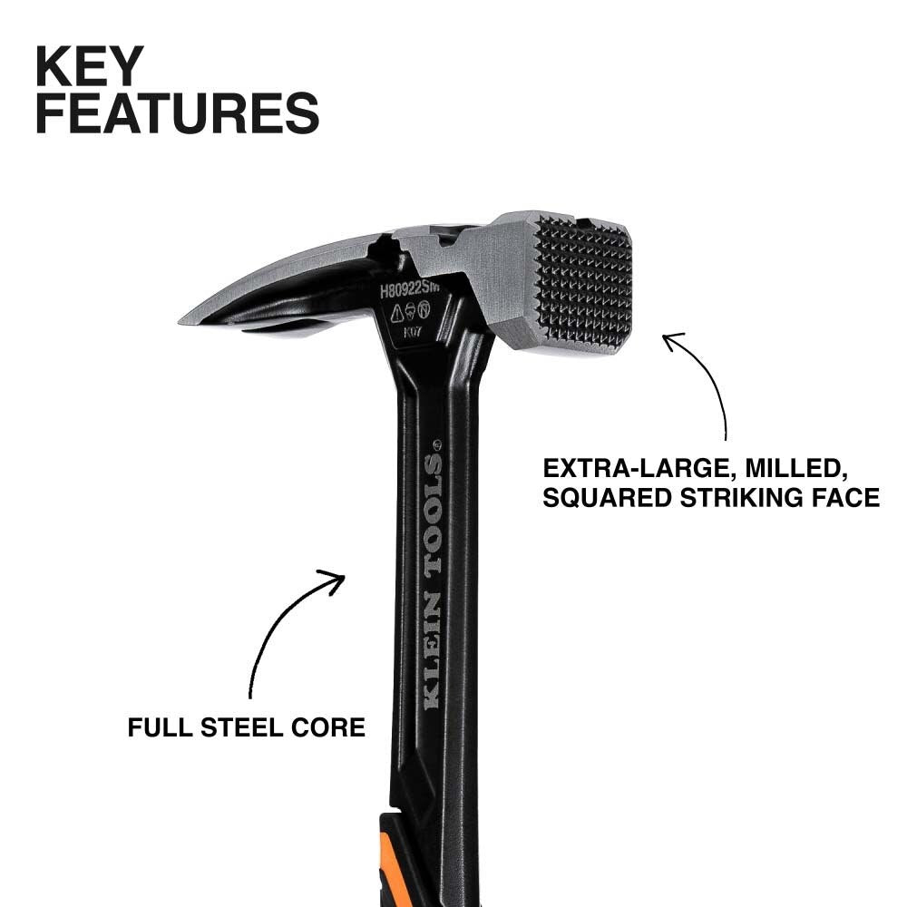 Klein H80922SM Milled Face Steel Claw Hammer, 22-Ounce