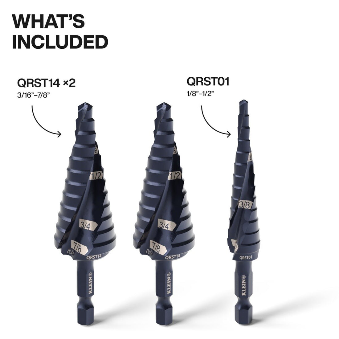 Klein QRST2S Step Drill Bit Set, Quick-Release, Straight, Double Fluted (3 Piece)