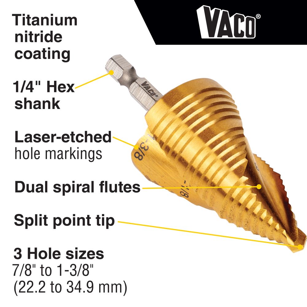 Klein 25951 Step Bit Kit, Spiral Double-Fluted, VACO, 3-Piece