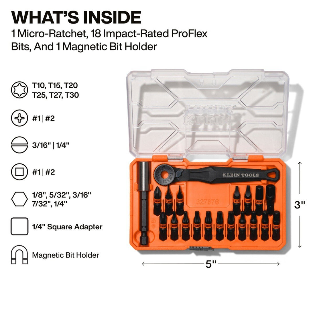 Klein Tools 32787S ProFlex micro ratchet impact bit set with magnetic bit holder and slim case (20 Piece)