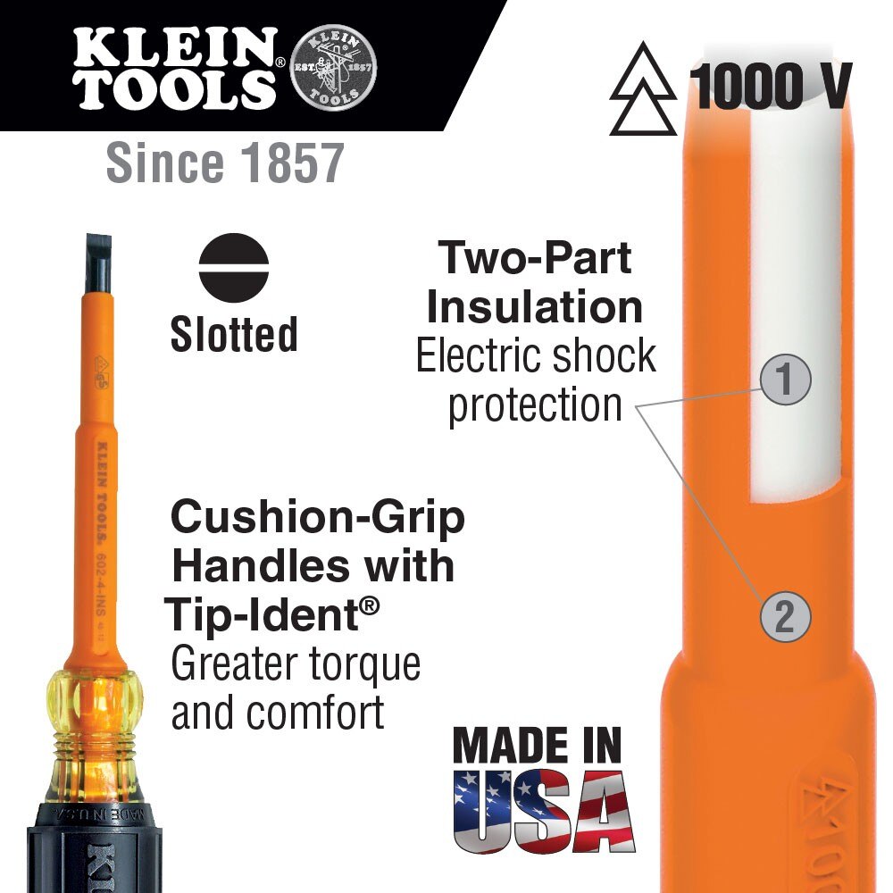 Klein Tools 602-7-INS Insulated Screwdriver, 5/16" Cabinet, 7"