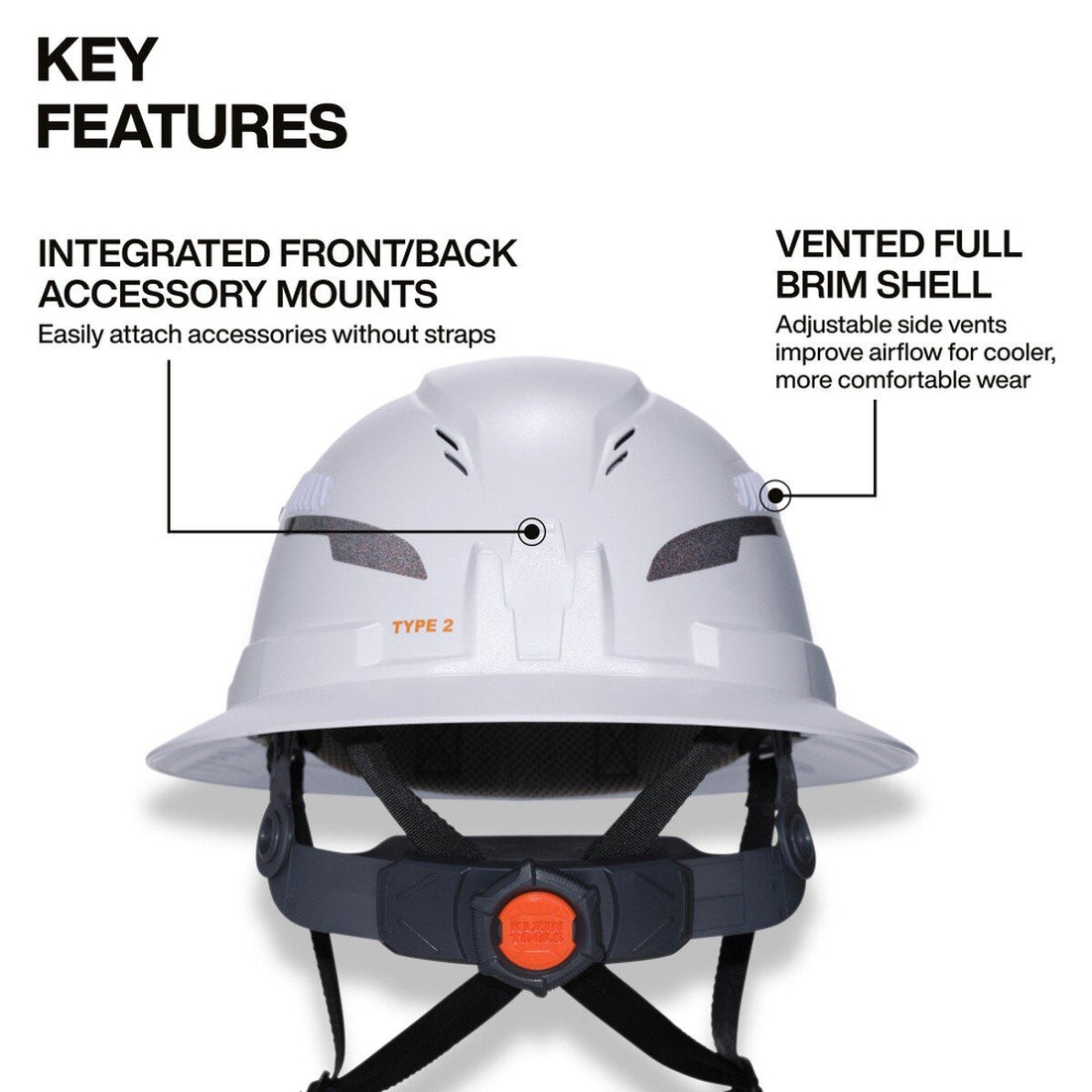 Klein Tools 60401T2 Type 2 Vented Full Brim Hard Hat Class C with Adjustable Vents, White