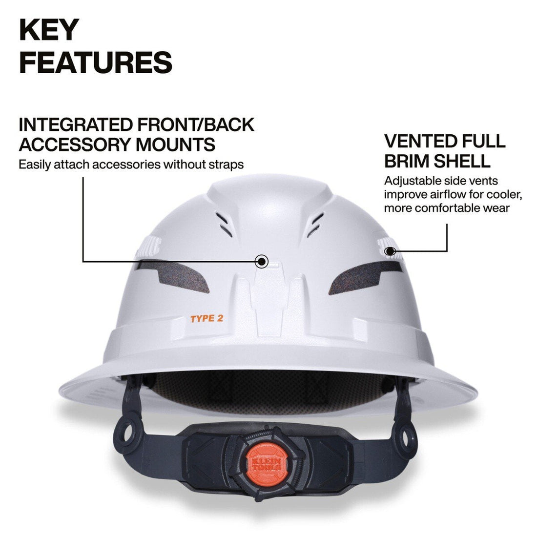 Klein Tools 60407T2RL Type 2 Vented Full Brim Hard Hat with Rechargeable Headlamp, White