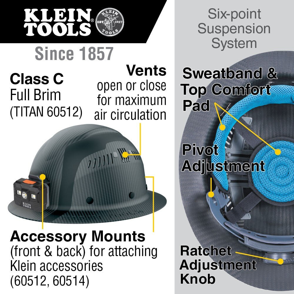 Klein 60512 Klein Carbon Fiber Full Brim Hard Hat with Headlamp, Titan