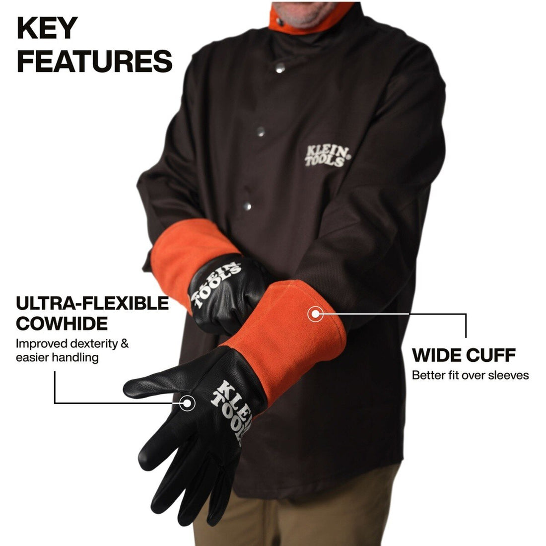 Klein Tools 60913 TIG Welding Gloves X-Large Cowhide Leather with Wide Cuff and Kevlar Aramid Stitching (1 Pair)
