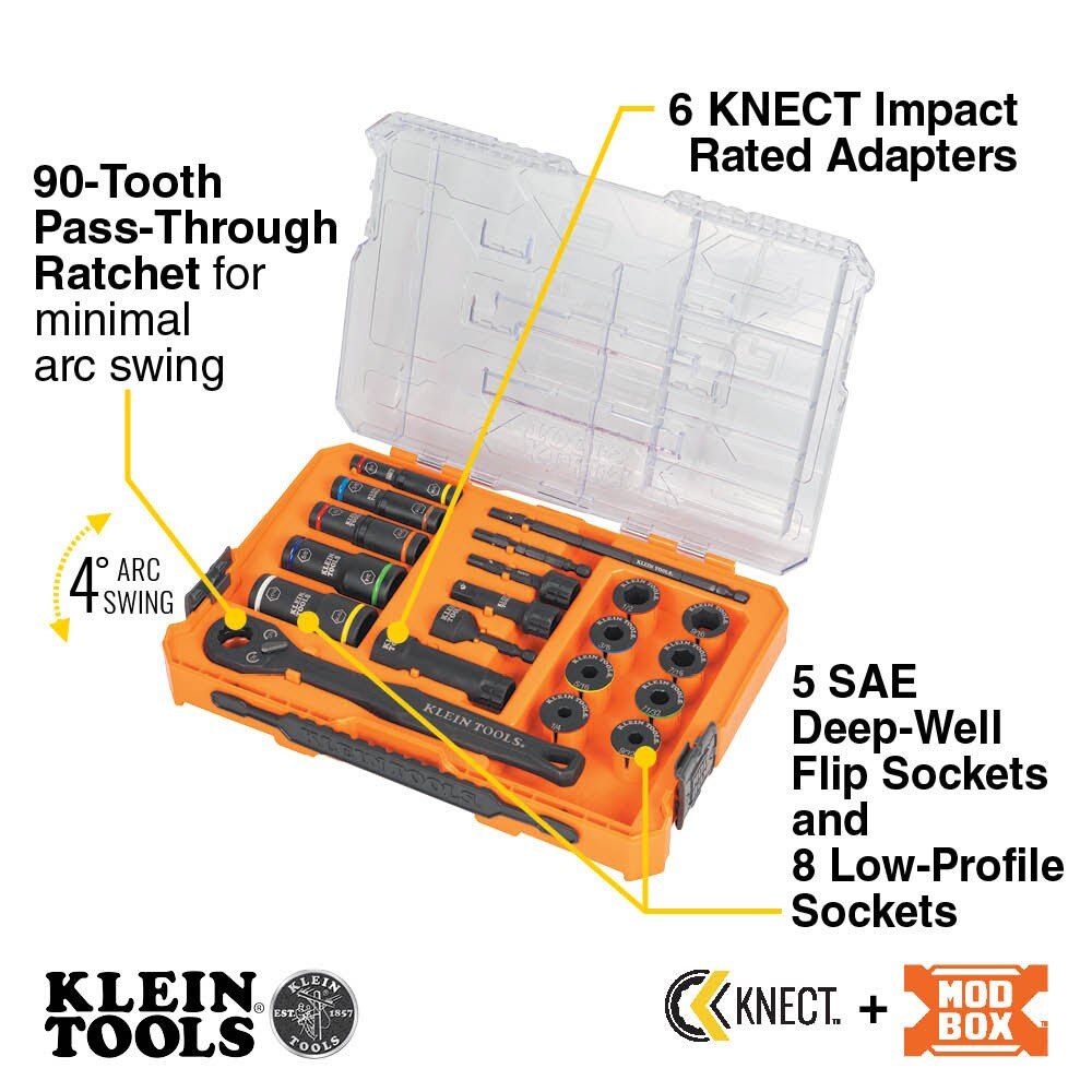 Klein 65240 KNECT Impact Pass Through and Deep-Well Flip Socket Set, 20-Piece