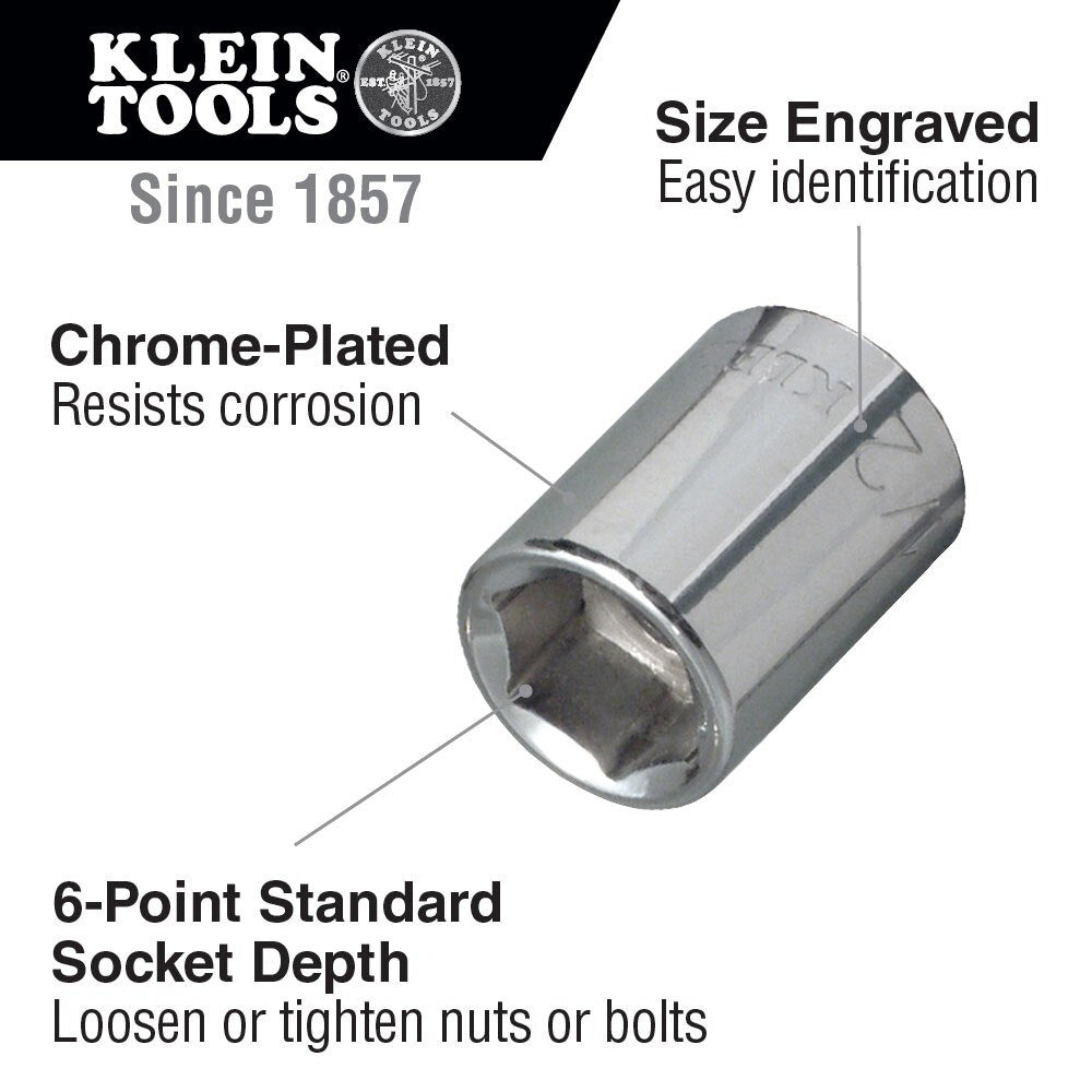 Klein Tools 65605 11/32" Standard 6-Point Socket, 1/4" Drive