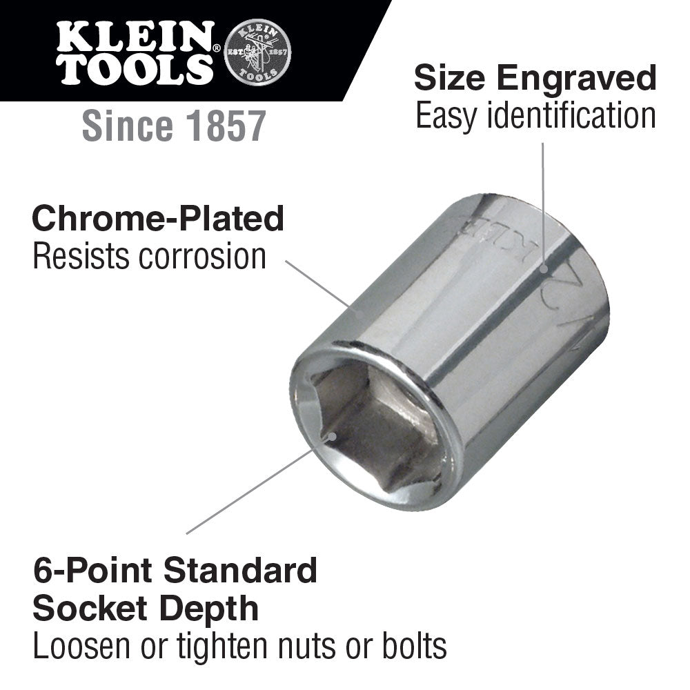 Klein Tools 65608 1/2" Standard 6-Point Socket, 1/4" Drive