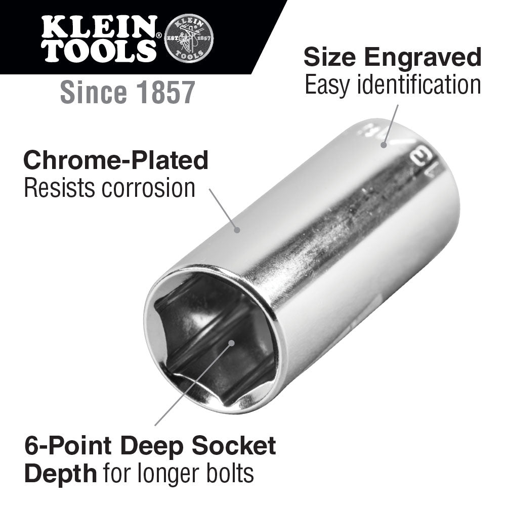 Klein Tools 65716 3/4" Deep 6-Point Socket, 3/8" Drive