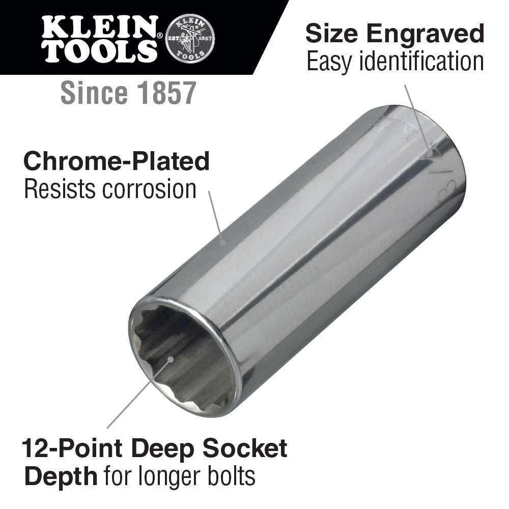 Klein Tools 65825 1/2" Deep 12-Point Socket, 1/2" Drive