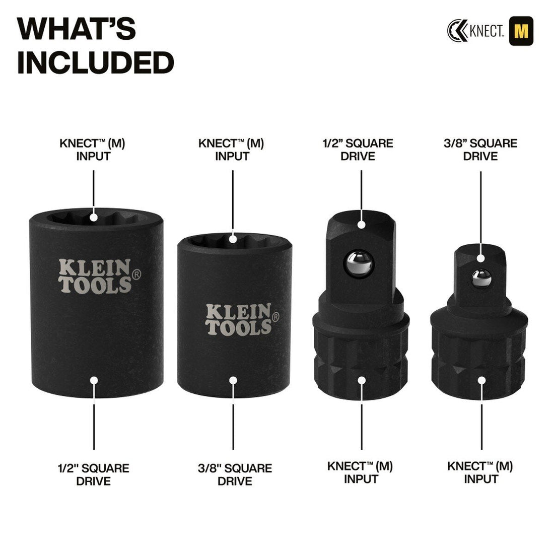 Klein Tools 65KADP KNECT (M) Impact Socket Wrench Adapter Set 3/8 in. and 1/2 in. (4 Piece)