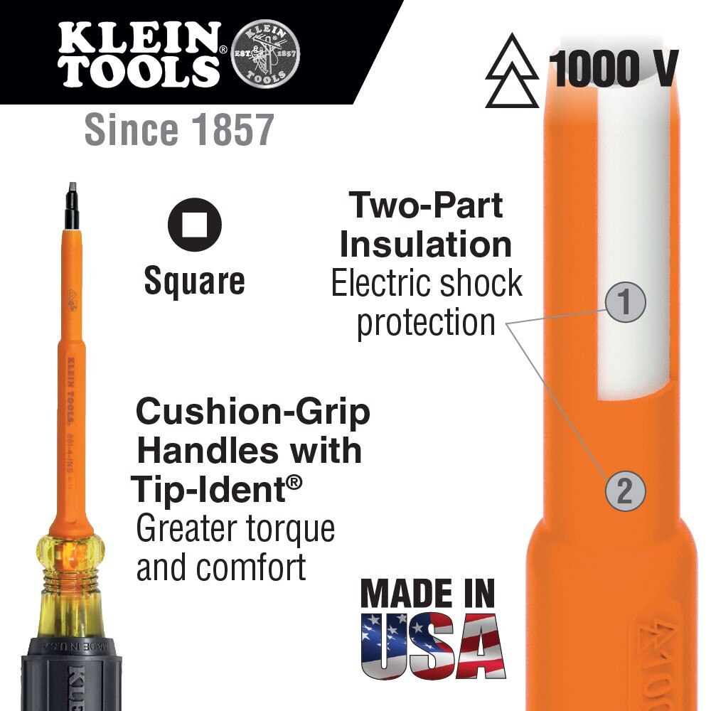 Klein Tools 661-4-INS Insulated Screwdriver, #1 Square Tip, 4" Shank