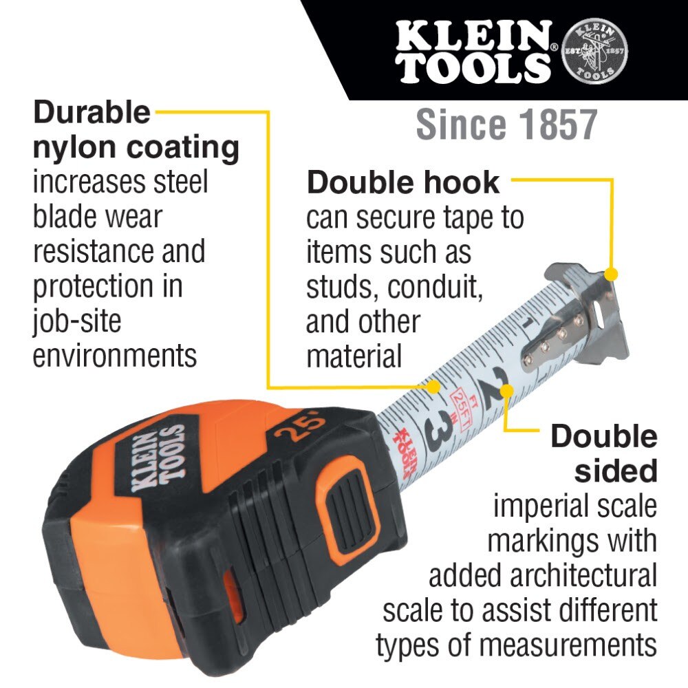 Klein 9525 Tape Measure, 25-Foot Compact, Double-Hook