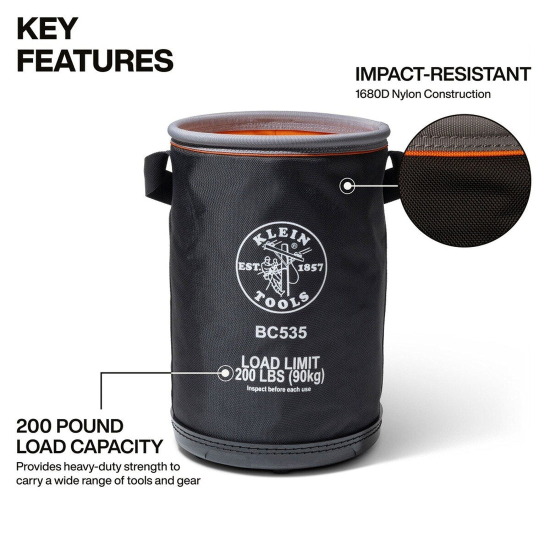 Klein Tools BC535 17-Inch Utility Bucket for Lineman Tool Storage with Drain Holes