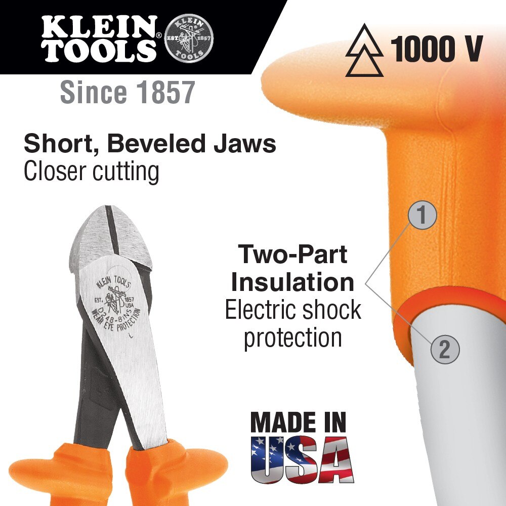 Klein Tools D2000-28-INS Insulated Pliers, Heavy-Duty Diagonal-Cutting, 8"