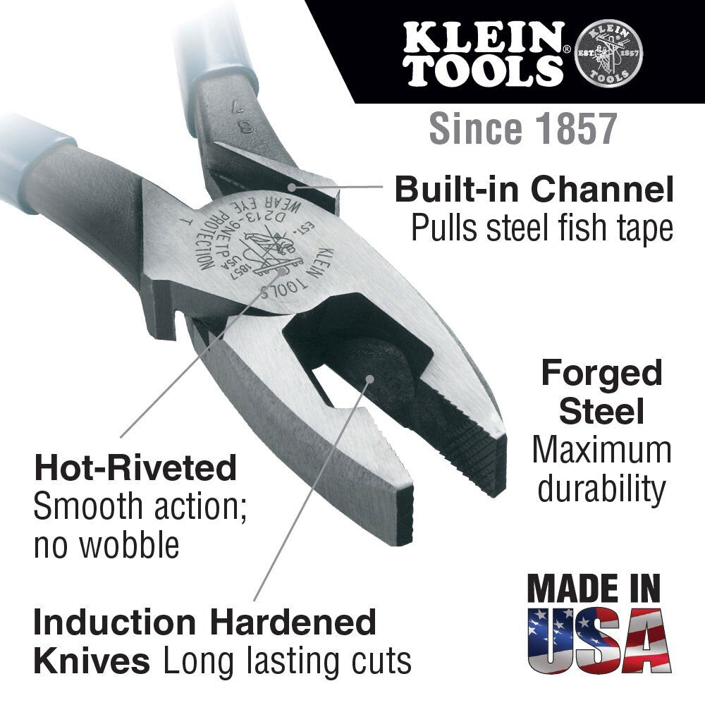Klein Tools D2000-9NETP Lineman's Pliers, Fish Tape Pulling, 9"