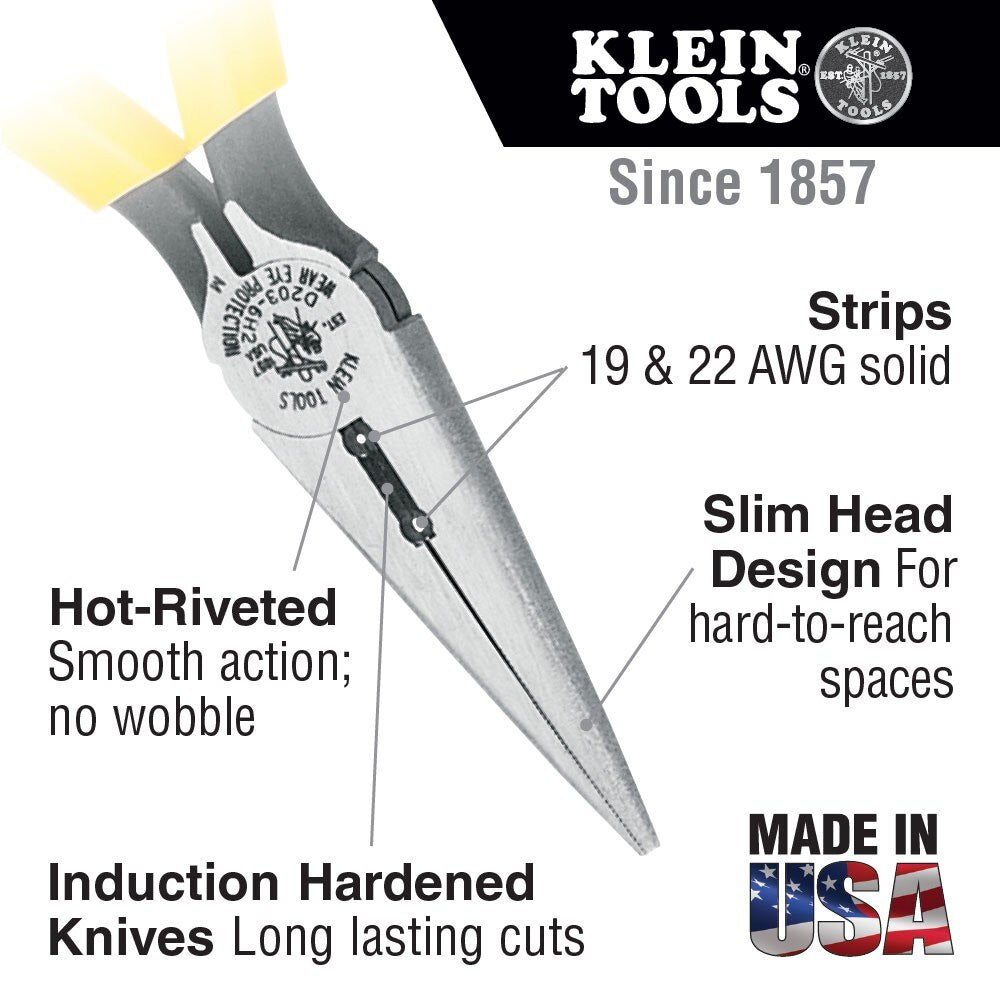 Klein Tools D203-6H2 Pliers, Long Nose Side-Cutters, Stripping, 6"