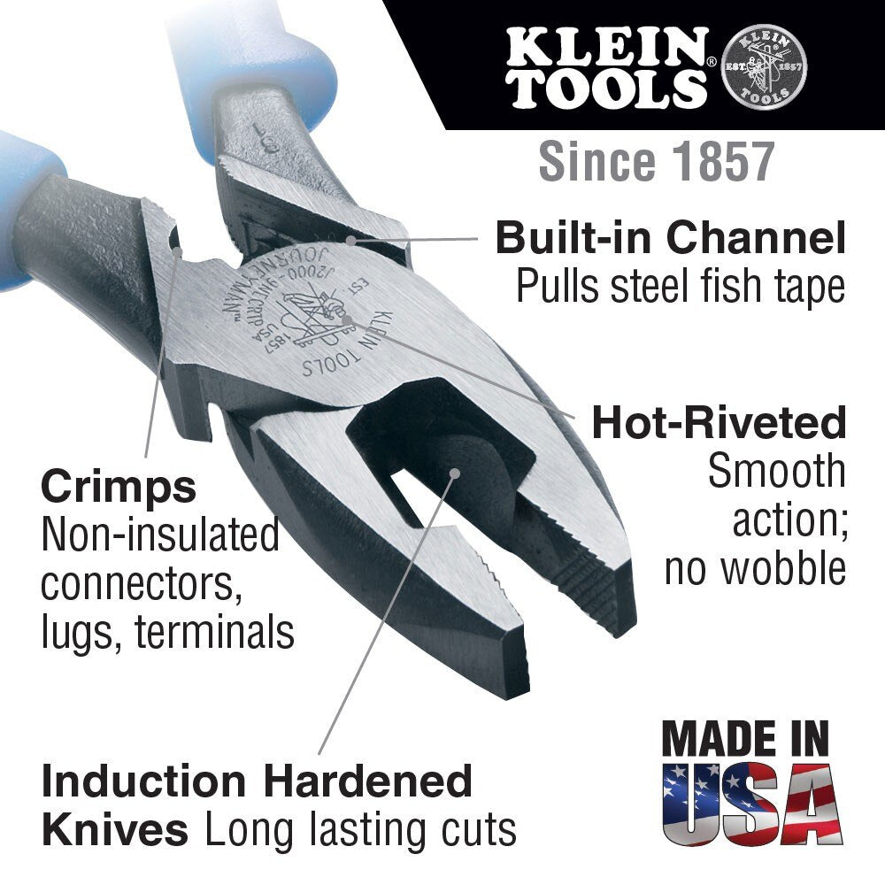 Klein Tools J2000-9NECRTP Lineman's Pliers, Fish Tape Pull/Crimping, 9"