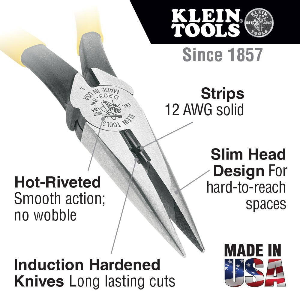 Klein Tools J203-8N Pliers, Long Nose Side-Cutters, Stripping, 8"