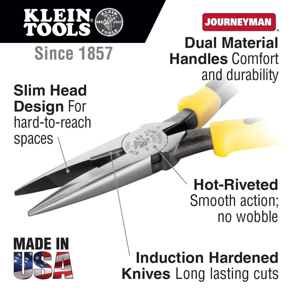 Klein Tools J203-8 Pliers, Long Nose Side-Cutters, 8"