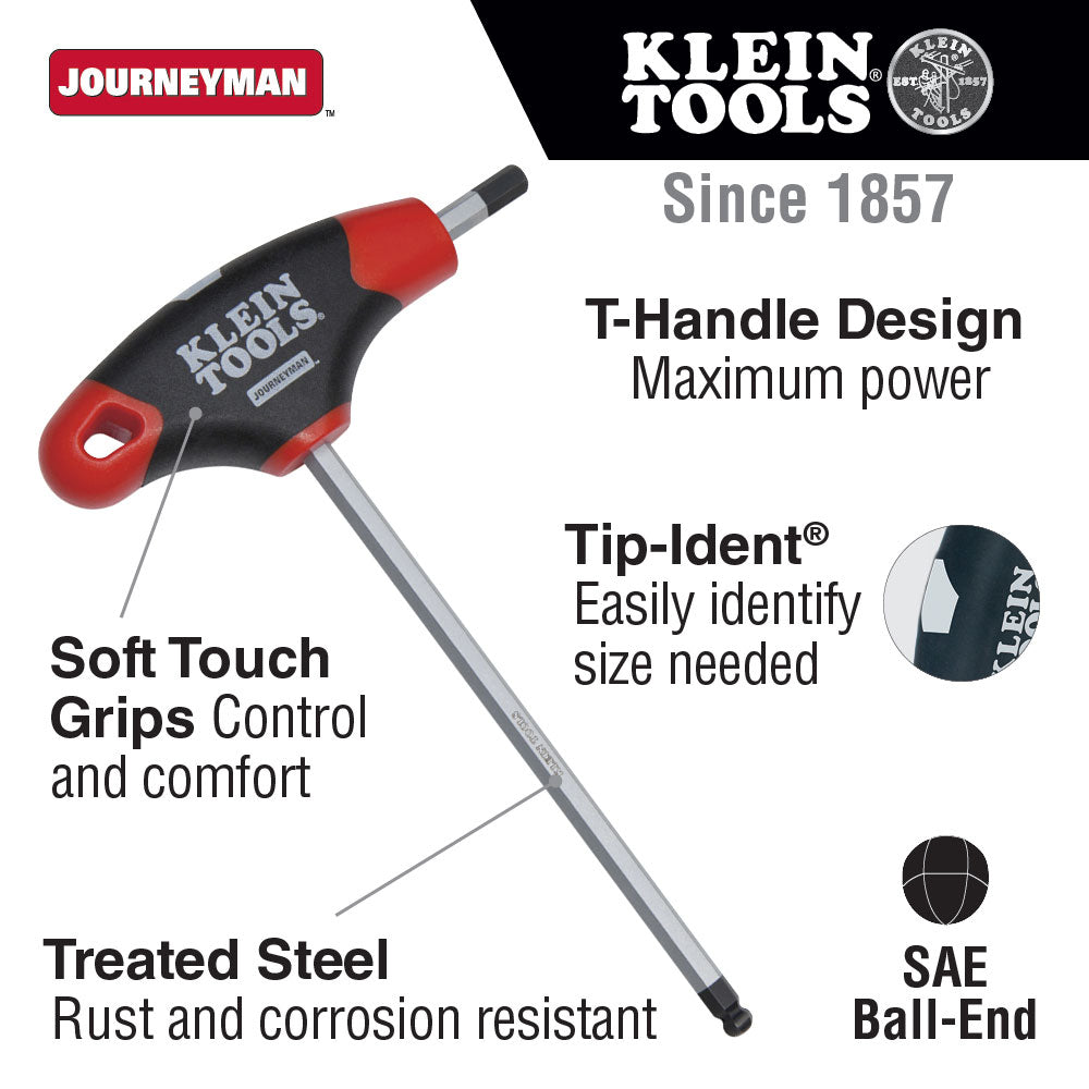 Klein Tools JTH6E11BE 3/16" Ball Hex Key, Journeyman T-Handle 6"