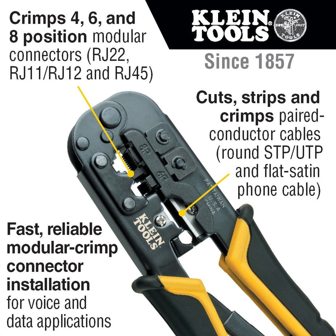 Klein Tools VDV226011SEN Ratcheting Modular Crimper and Stripper for RJ11 RJ12 RJ45 Connectors (1 Pack)