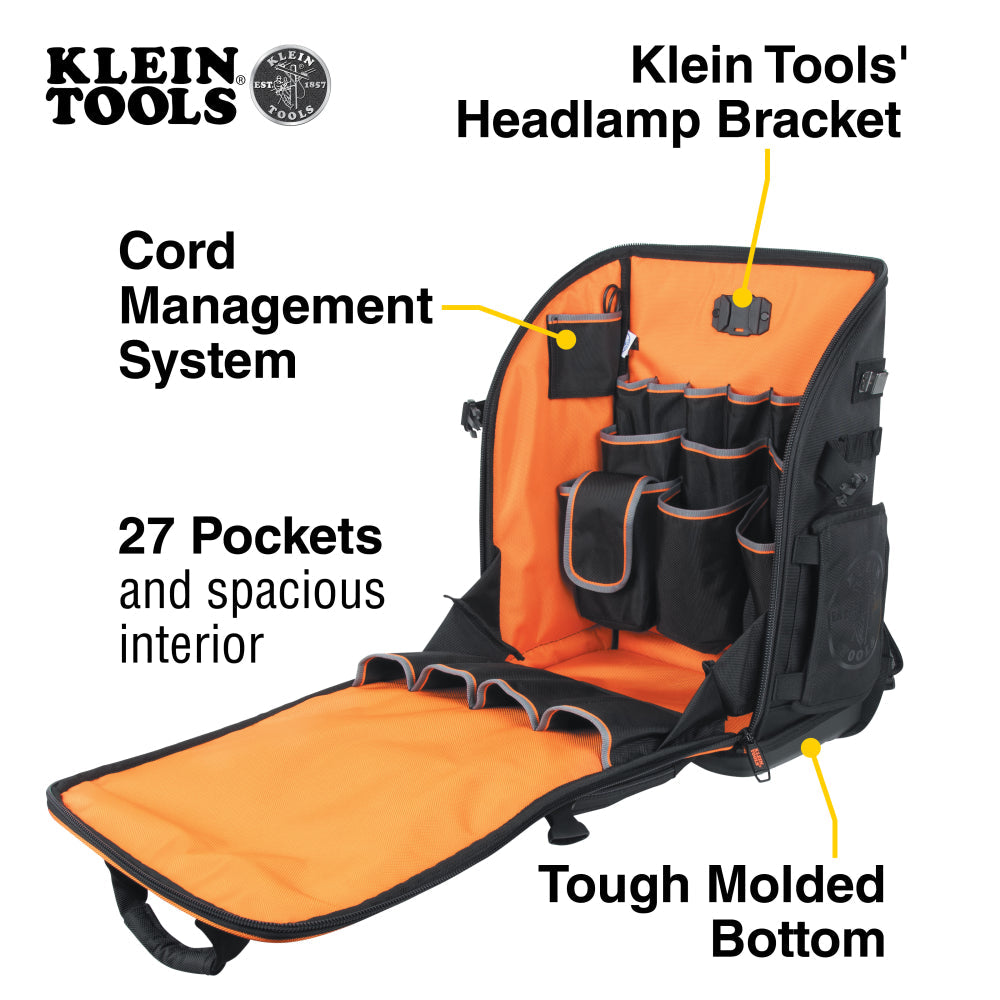Klein 62482 Tradesman Pro Tool Station Tool Bag Backpack, 27 Pockets
