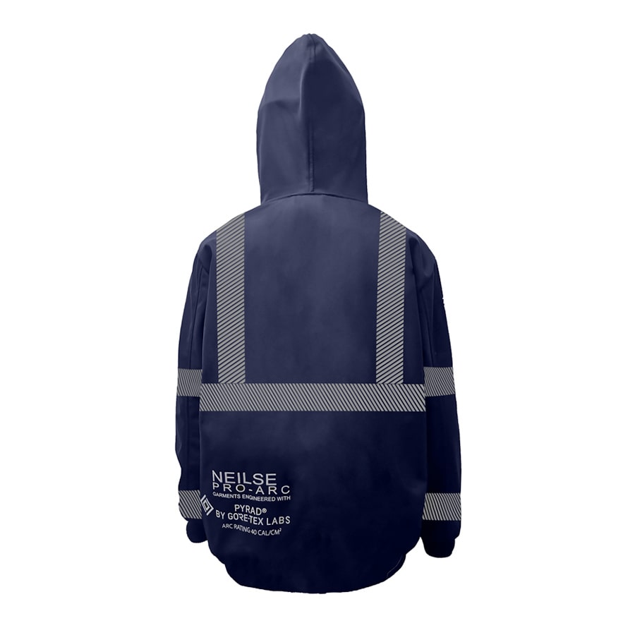 Neilsen FR/ARC Rated Hi-Vis Navy Softshell Fleece Hoodie made with PYRAD® WINDSTOPPER® Fabric by GORE-TEX LABS