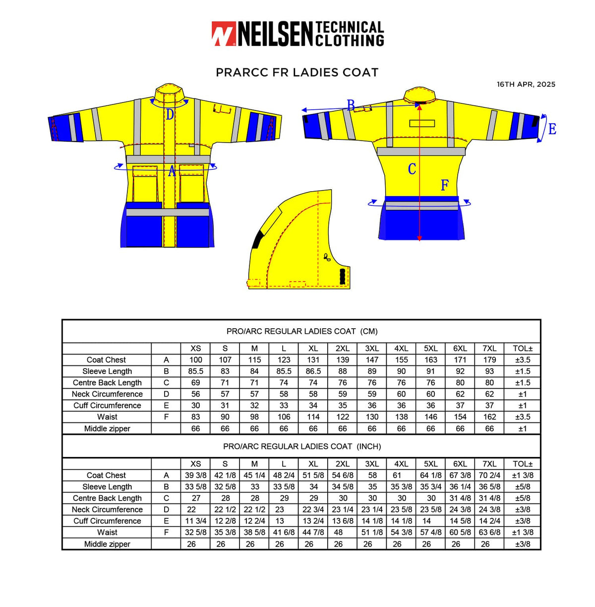 PRO ARC FR/ARC CAT 3 Breathable High Visibility Rainwear Women Coat Orange/Navy size chart