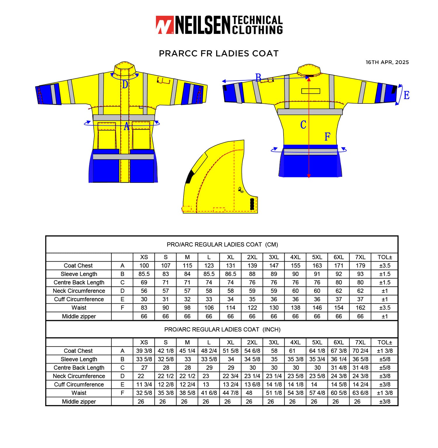PRO ARC FR/ARC CAT 3 Breathable High Visibility Rainwear Women Coat Yellow/Navy size chart