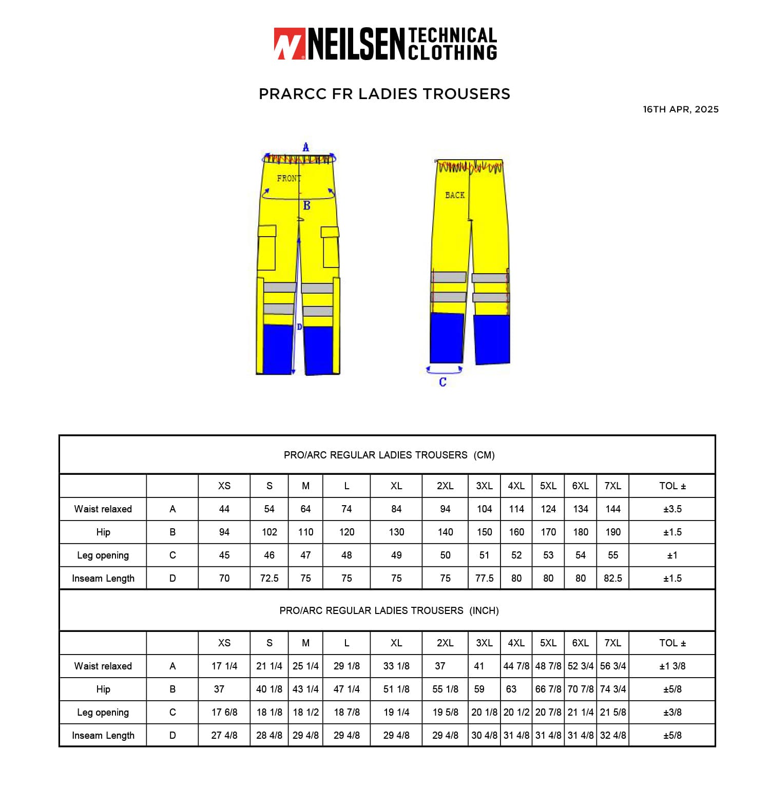 PRO ARC FR/ARC CAT 3 Breathable High Visibility Rainwear Over Women Trouser Yellow/Navy size chart