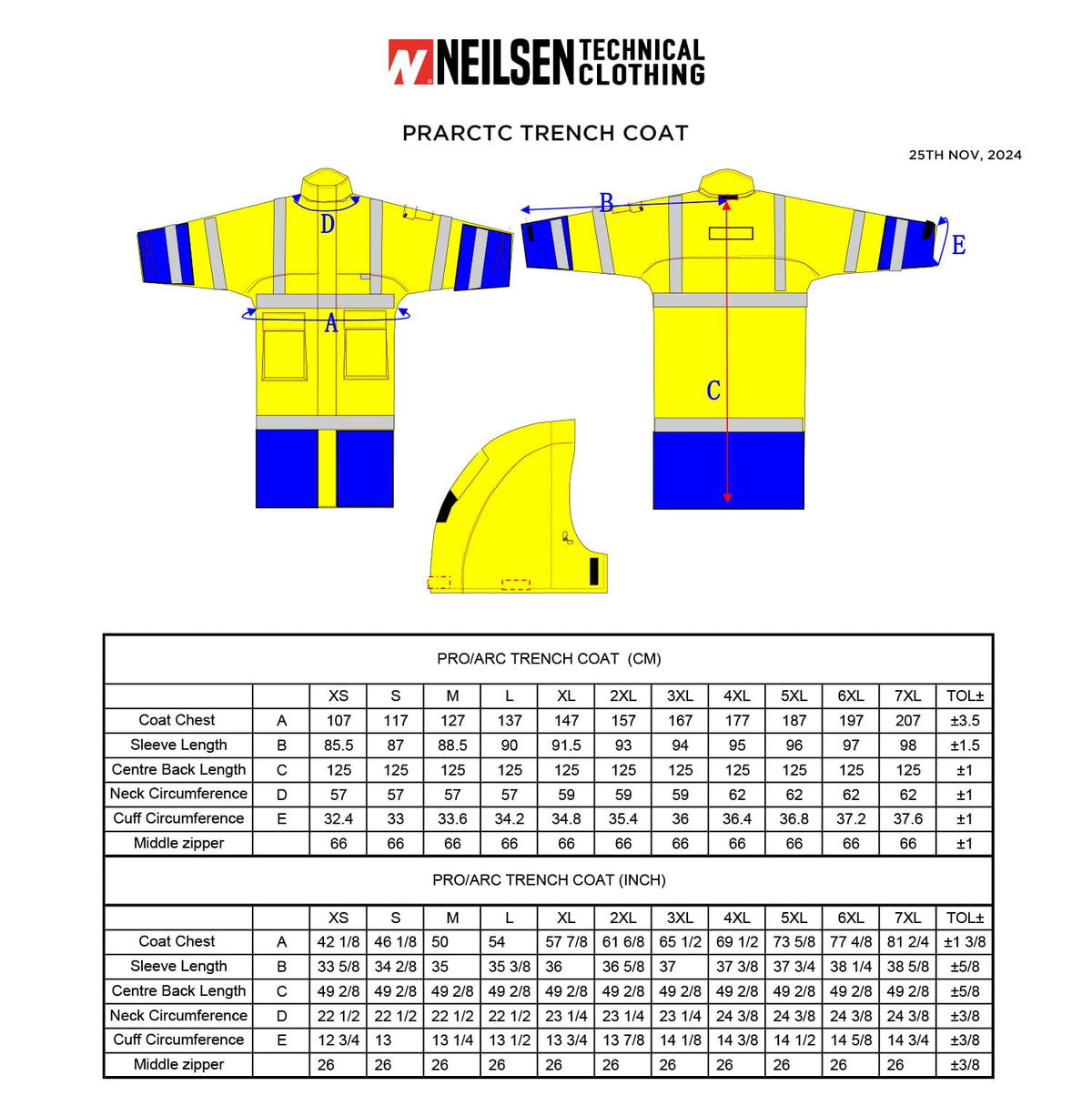 PRO ARC FR/ARC CAT 3 Breathable High Visibility Rainwear Trench Coat Orange/Navy size chart
