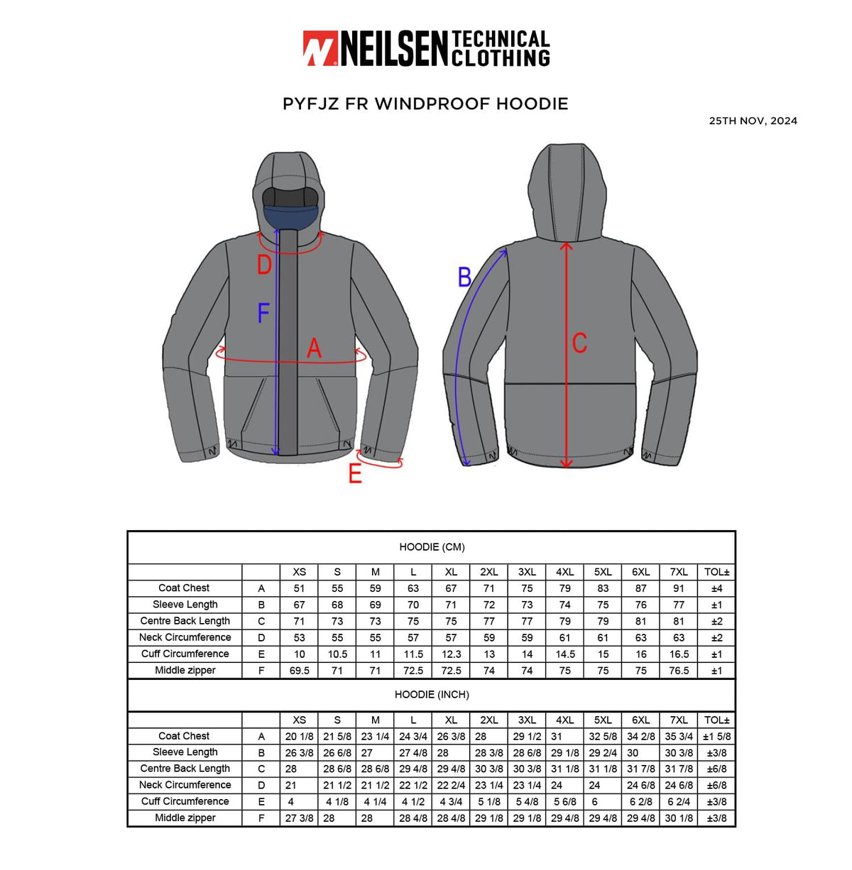 Neilsen FR/ARC Rated Black Softshell Fleece Hoodie made with PYRAD® WINDSTOPPER® Fabric by GORE-TEX LABS size chart