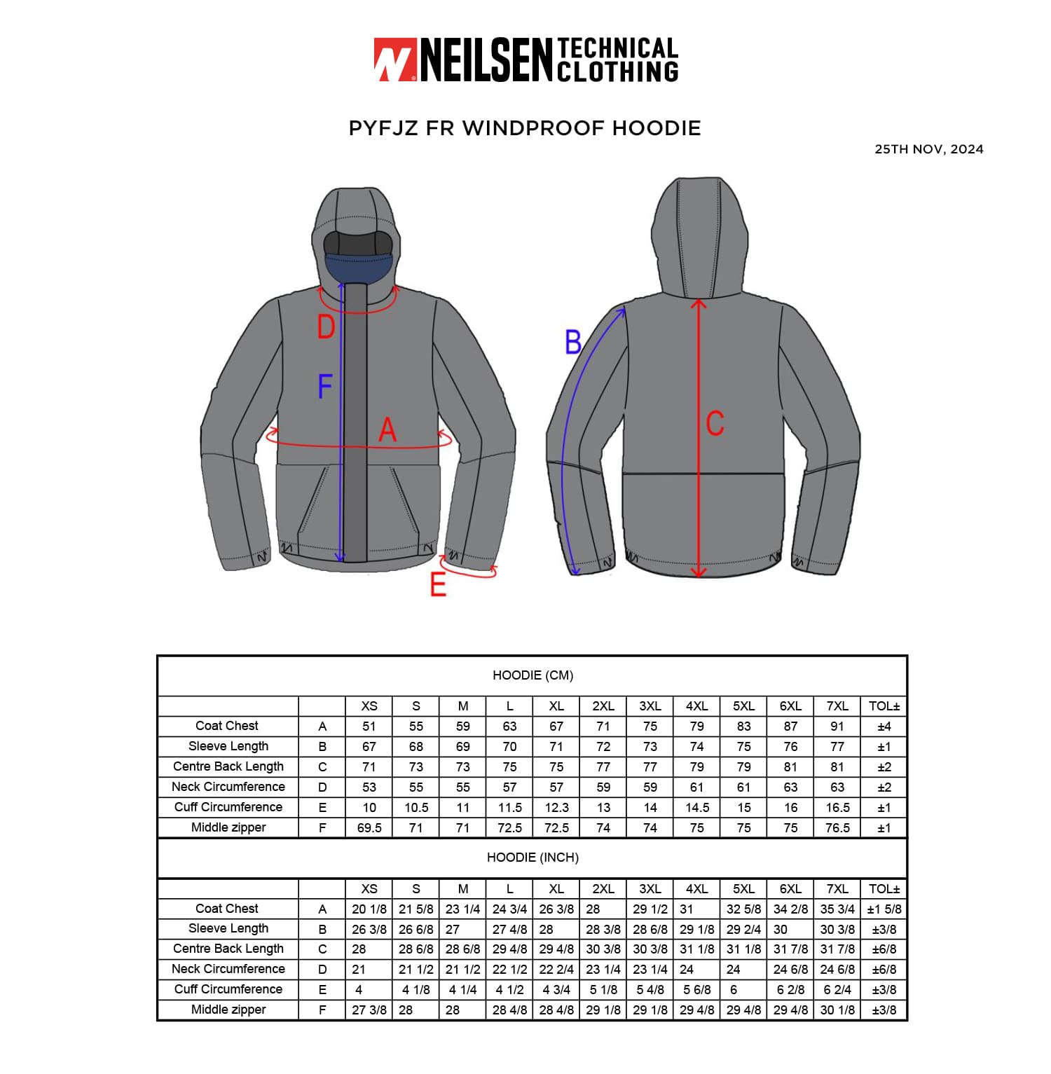 Neilsen FR/ARC Rated Navy Softshell Fleece Hoodie made with PYRAD® WINDSTOPPER® Fabric by GORE-TEX LABS size chart