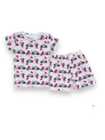 Bamboo Two Piece Short Sleeve & Shorts Pajama Set,  Pink Police