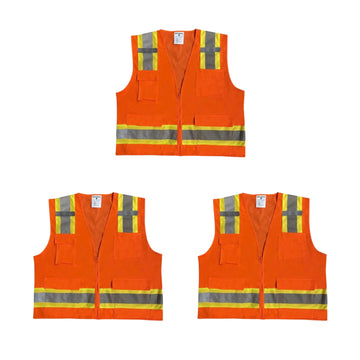 Safety Main 05TTSOZ Surveyor Vest, Class 2, Solid Front, Mesh Back, Hi-Vis Orange, Pack of 3