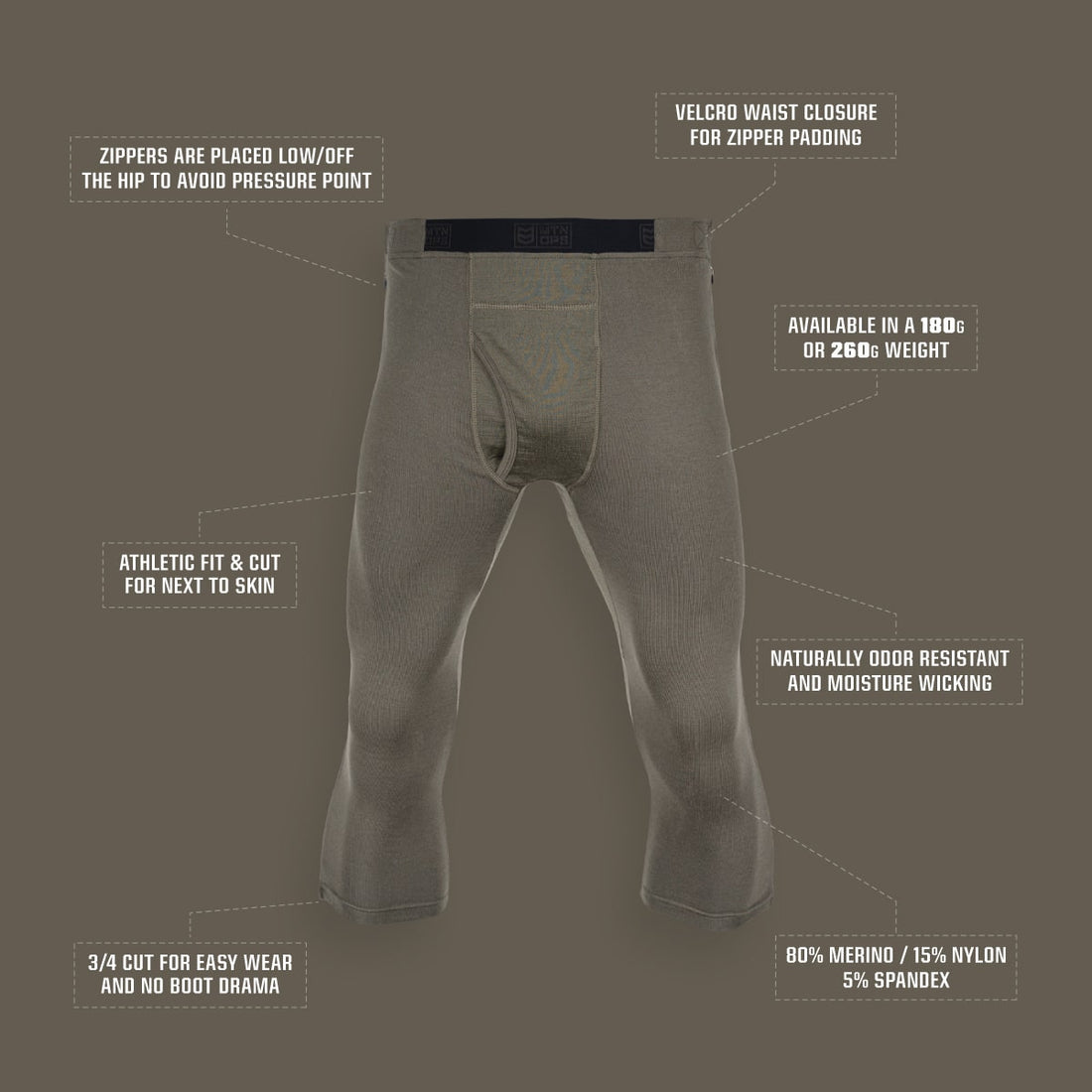 BATTLEGROUND MERINO 3/4 ZIP-OFF BOTTOMS - Loden / 260G / XXL