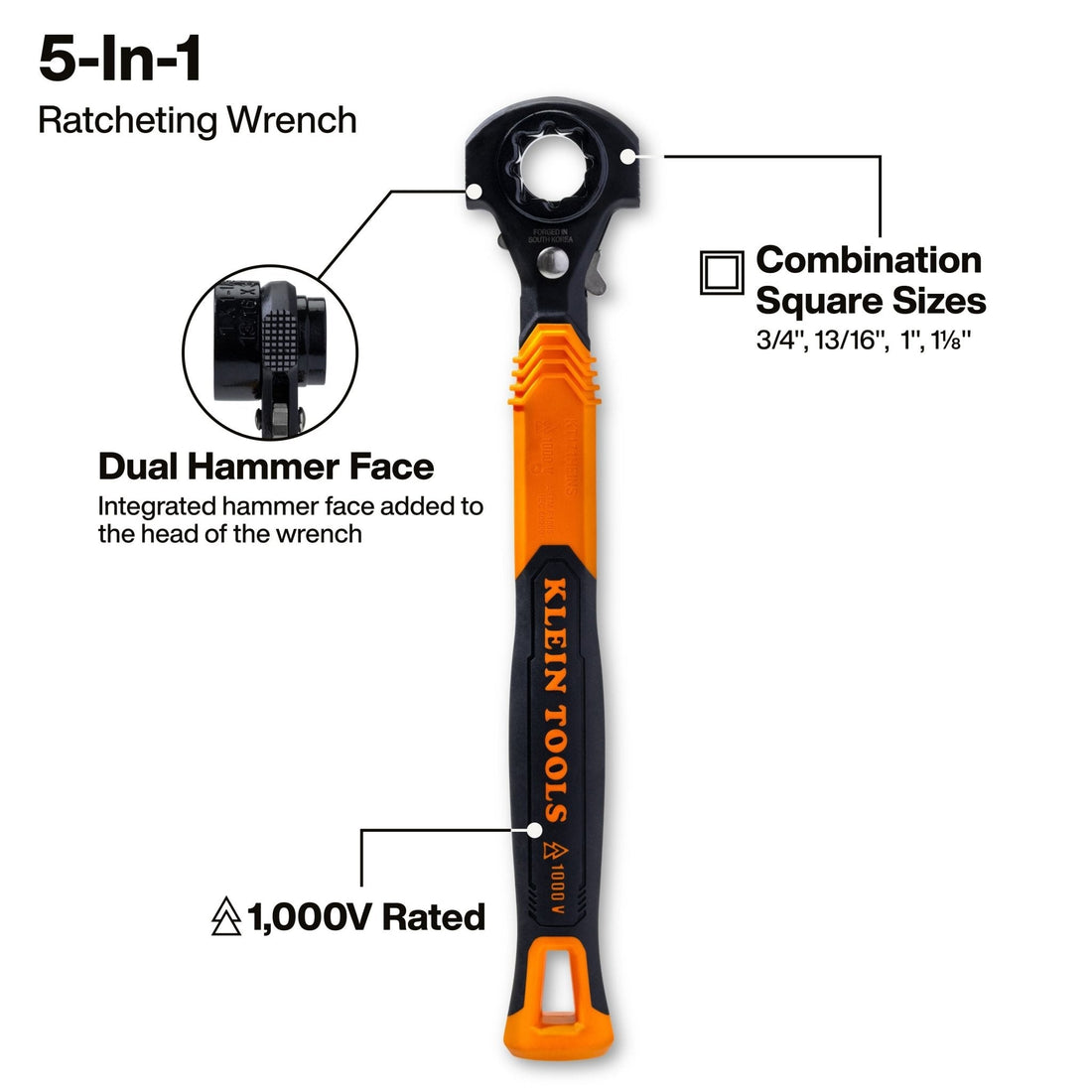 Klein 5-in-1 Hammer Facing Insulated Lineman Wrench -  KT171HFINS