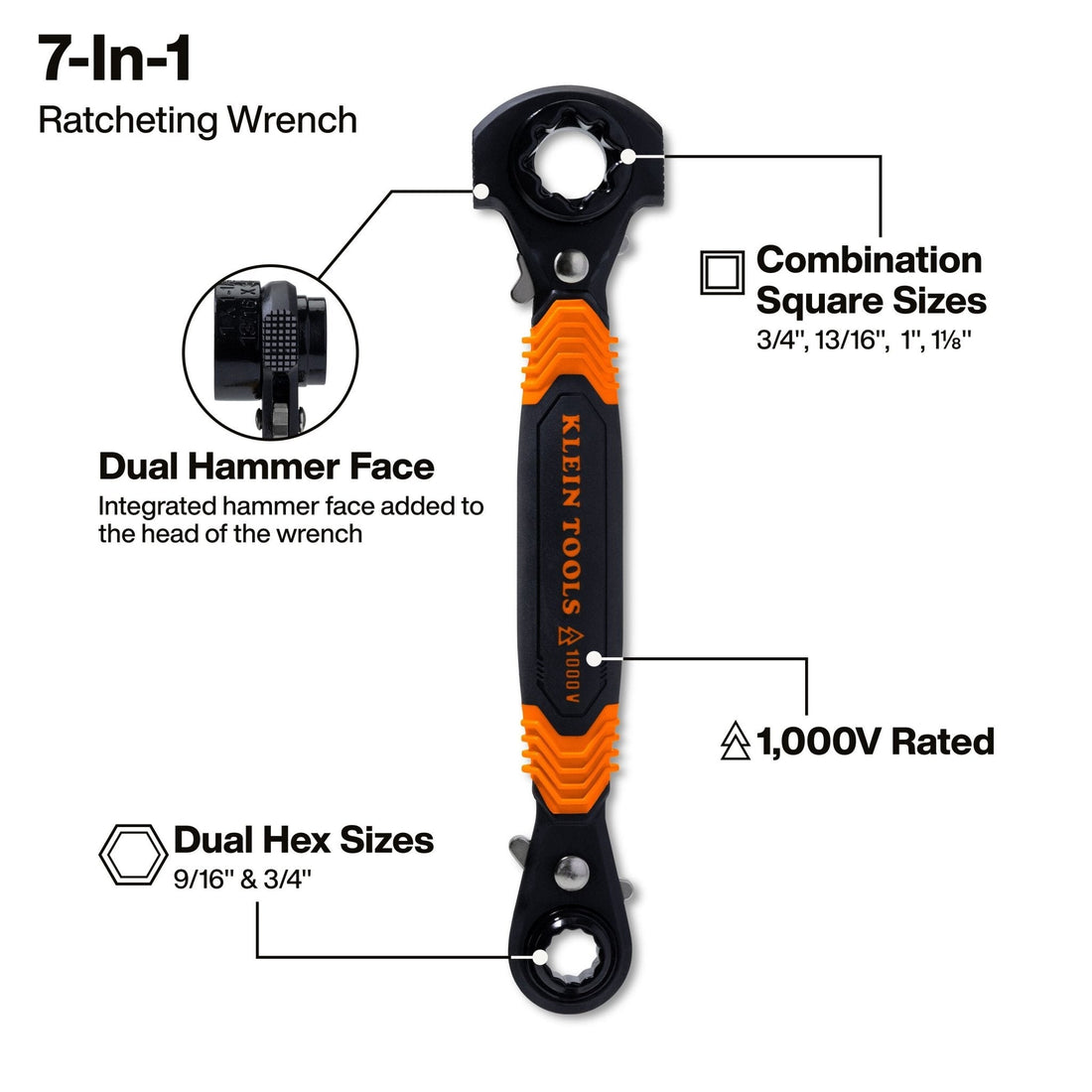 Klein 7-in-1 Hammer Facing Insulated Lineman Wrench -  KT175HFINS